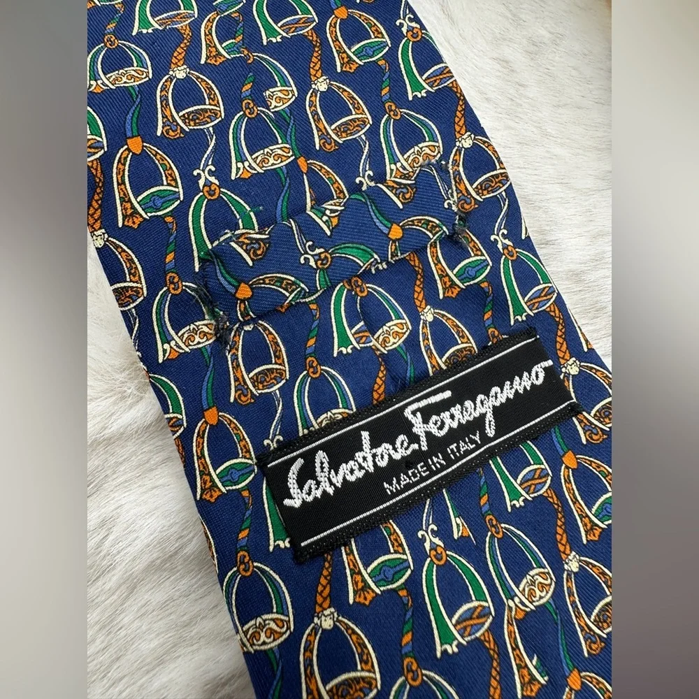 Salvatore Ferragamo Equestrian Silk Tie‎ Navy Green Orange | Made in Italy